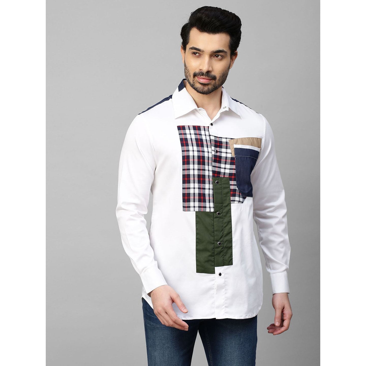 White shirt with multicolor patchwork