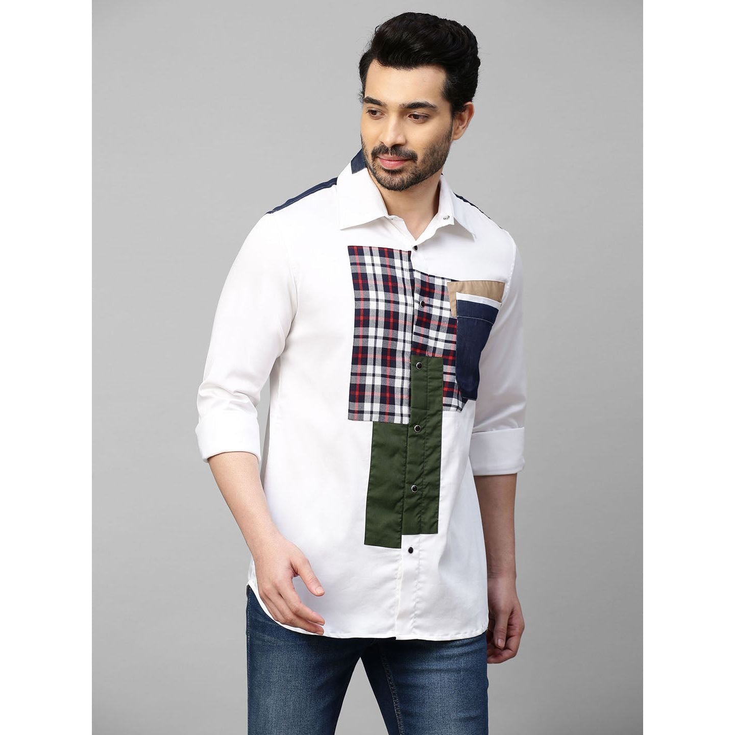 White shirt with multicolor patchwork