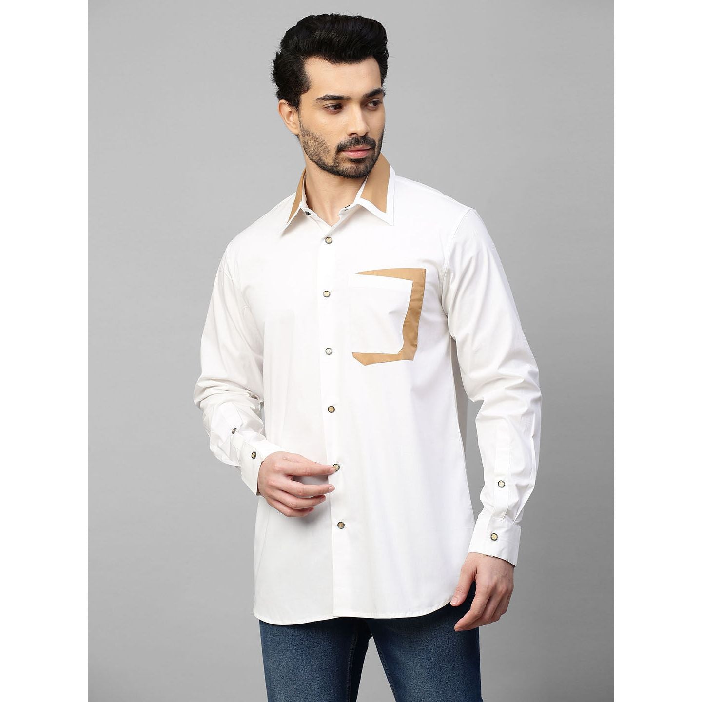 White shirt with khaki patchwork