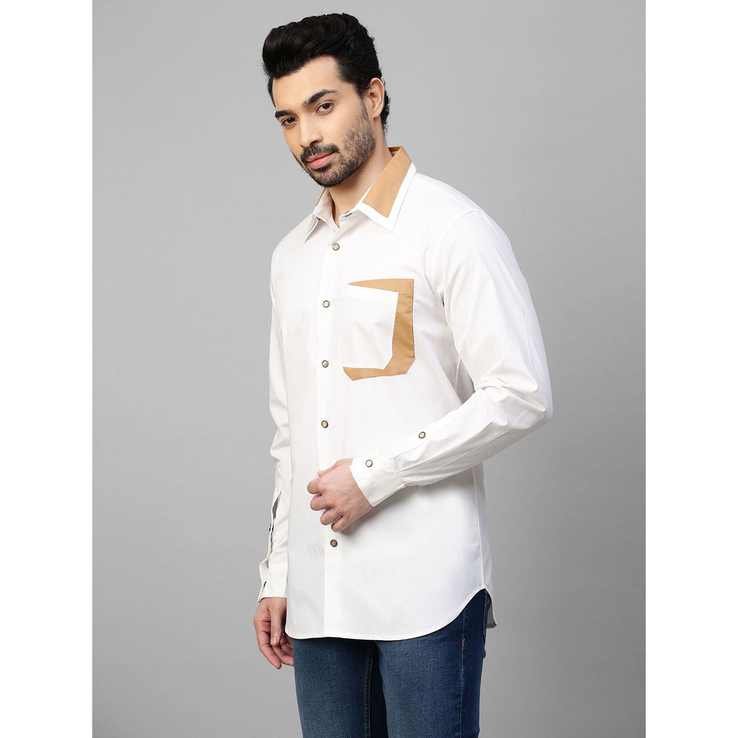 White shirt with khaki patchwork