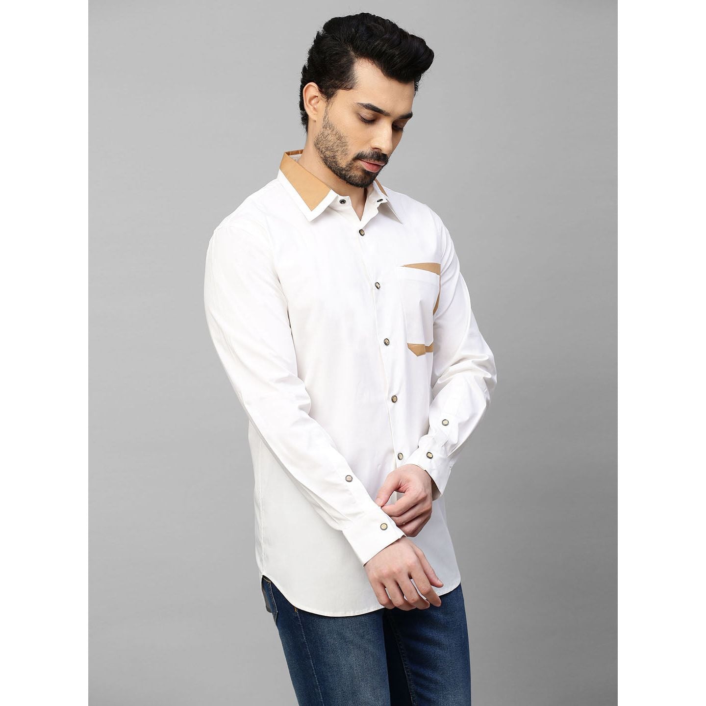 White shirt with khaki patchwork