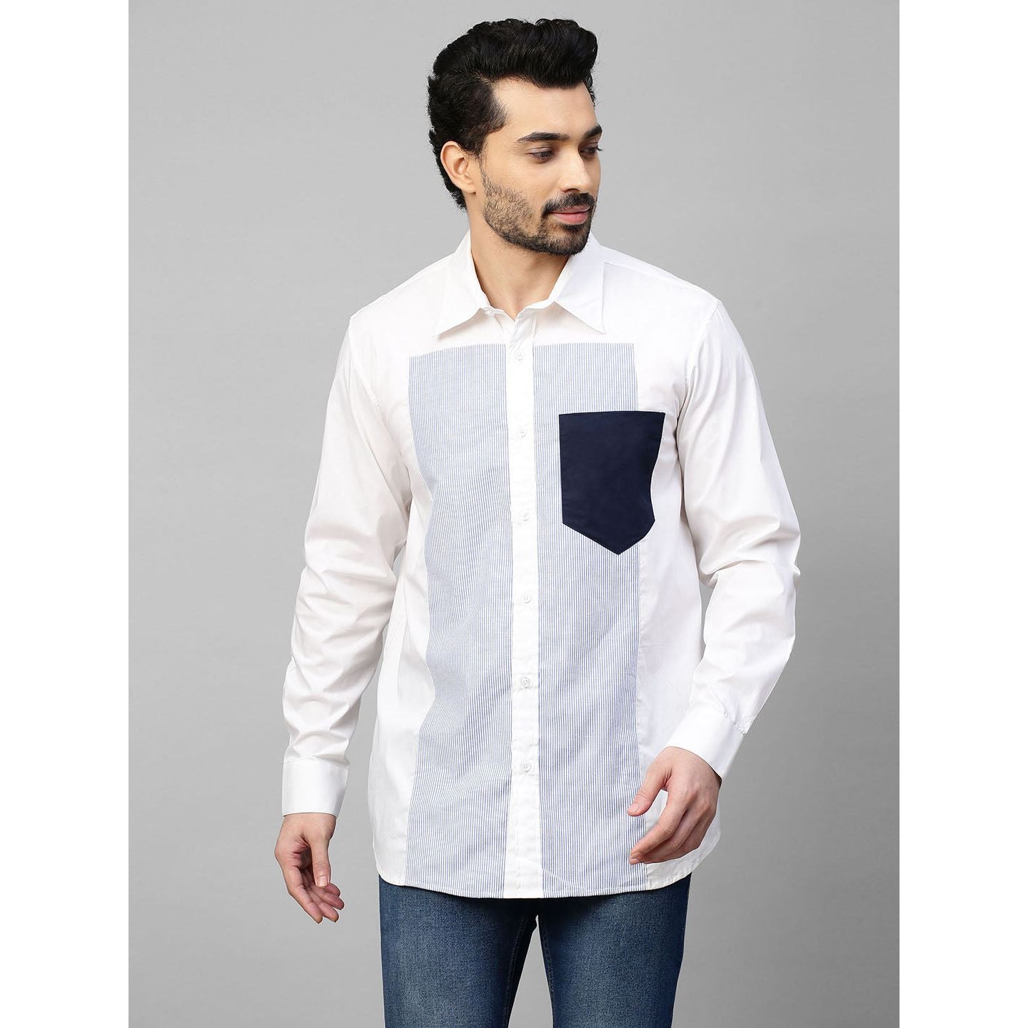 White shirt with a broad blue stripe panel and contrast blue pocket.