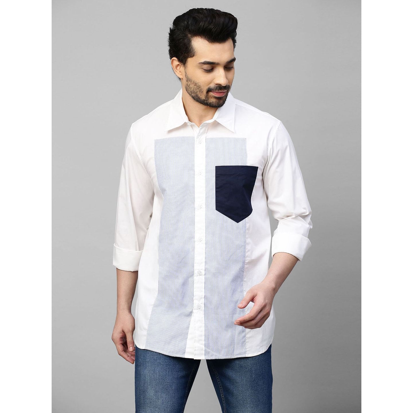 White shirt with a broad blue stripe panel and contrast blue pocket.