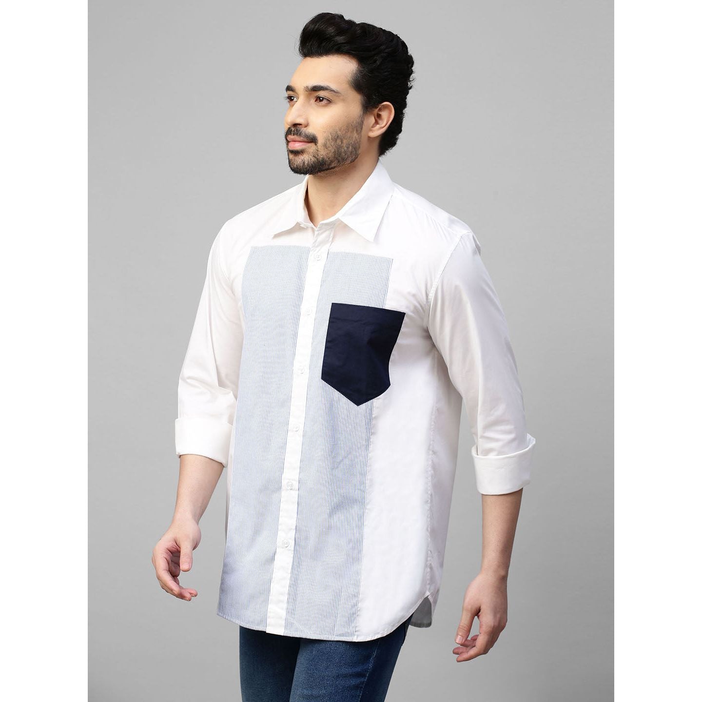 White shirt with a broad blue stripe panel and contrast blue pocket.