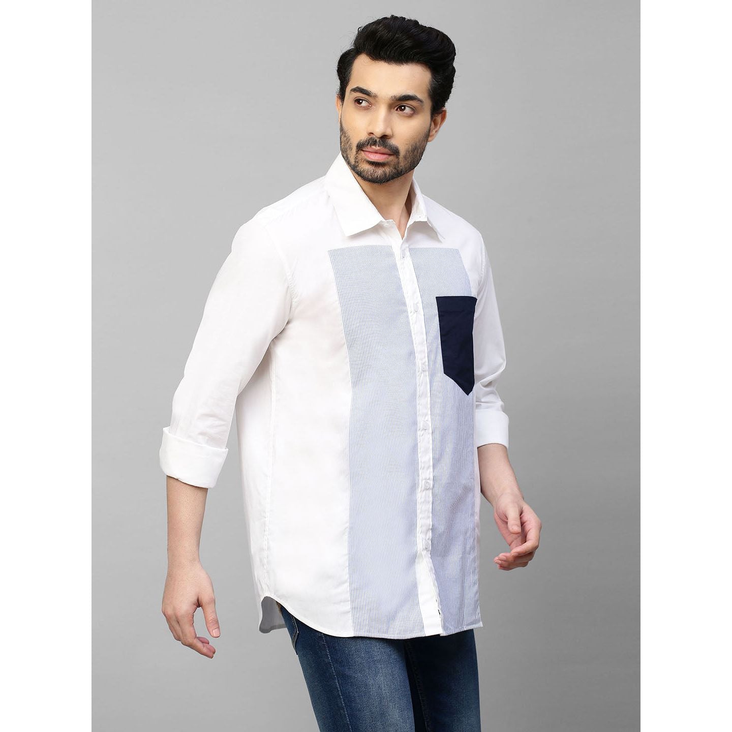 White shirt with a broad blue stripe panel and contrast blue pocket.