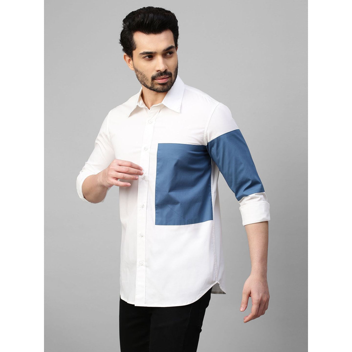 White shirt with patch on sleeve