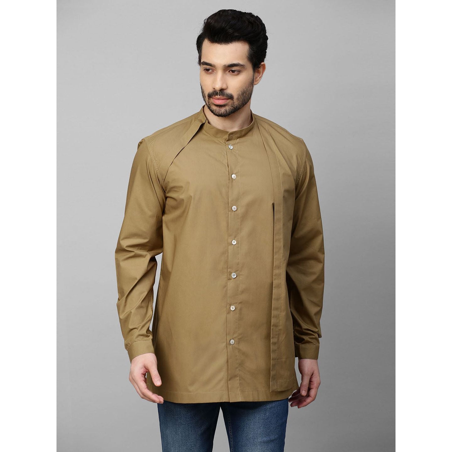 Khaki shirt with mandarin collar