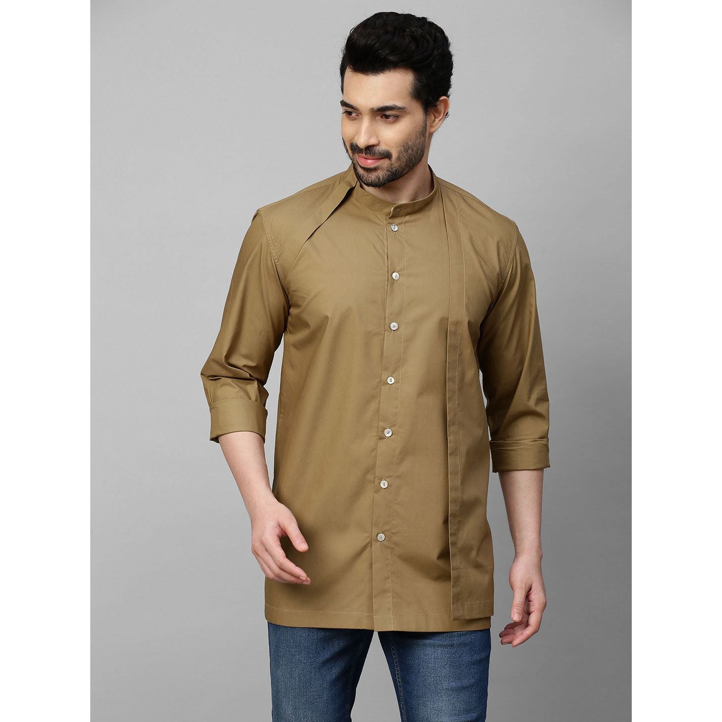 Khaki shirt with mandarin collar