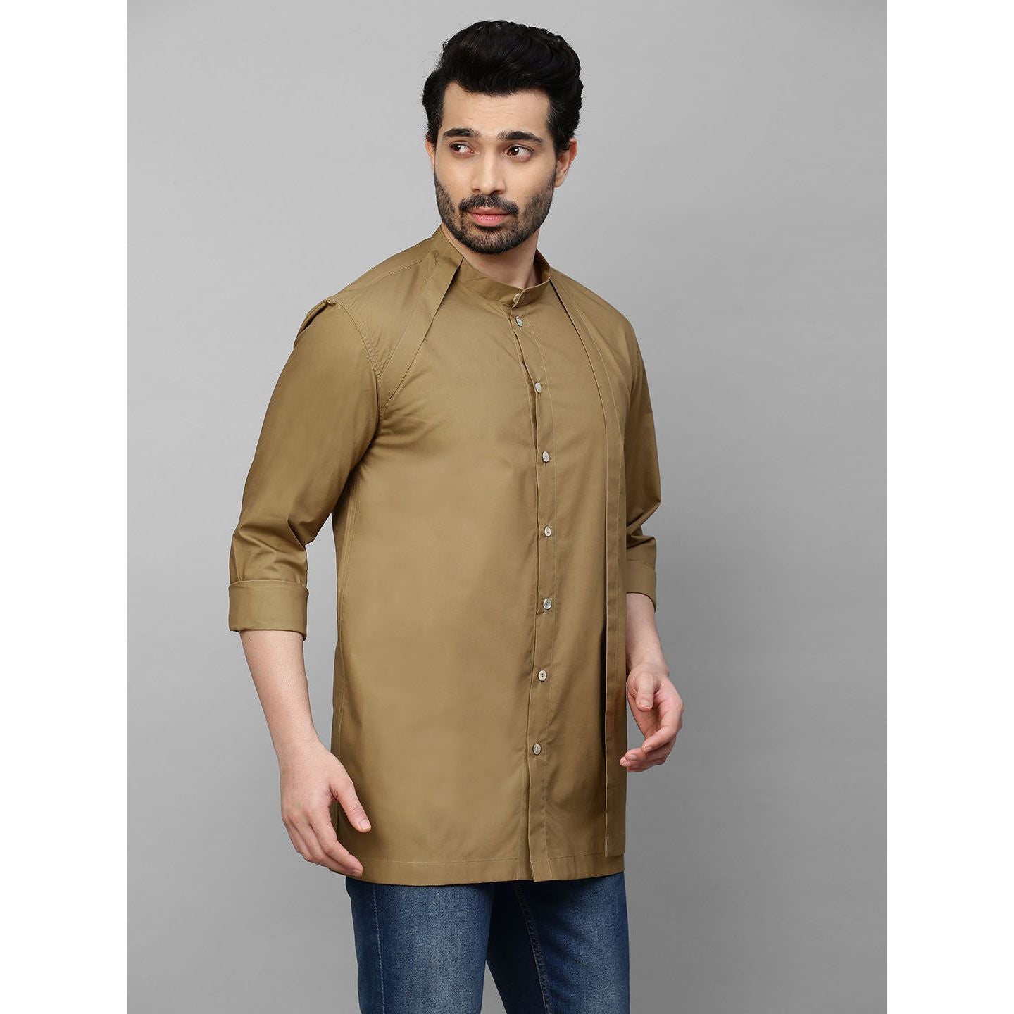 Khaki shirt with mandarin collar