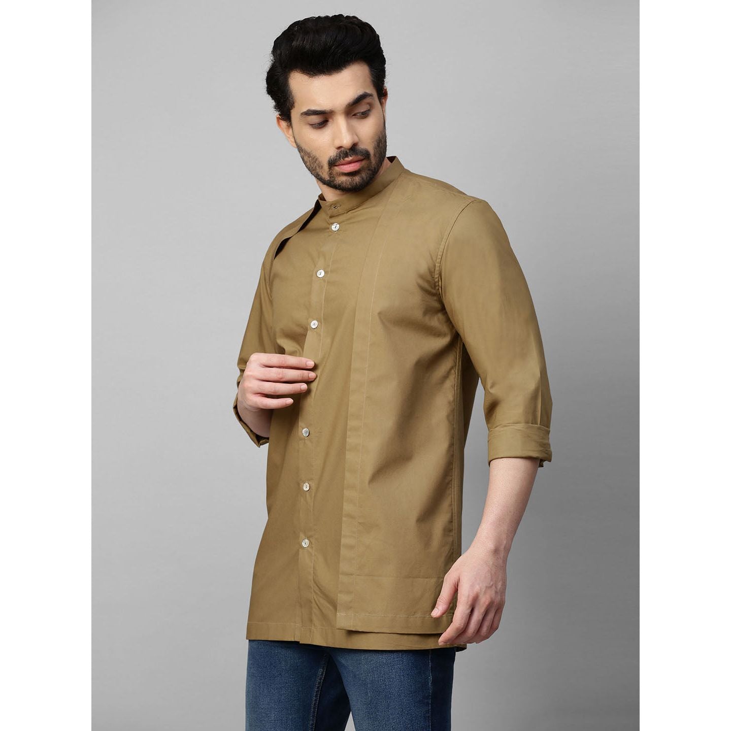 Khaki shirt with mandarin collar