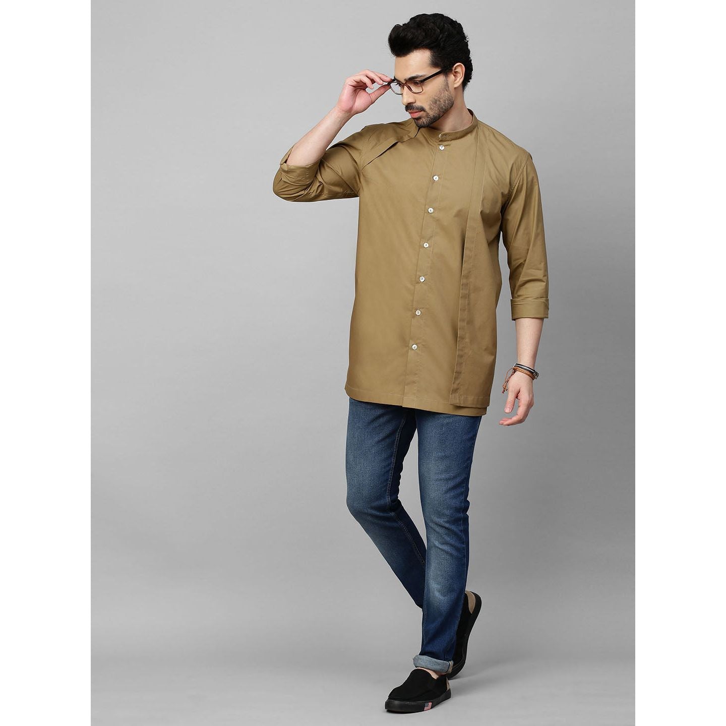 Khaki shirt with mandarin collar