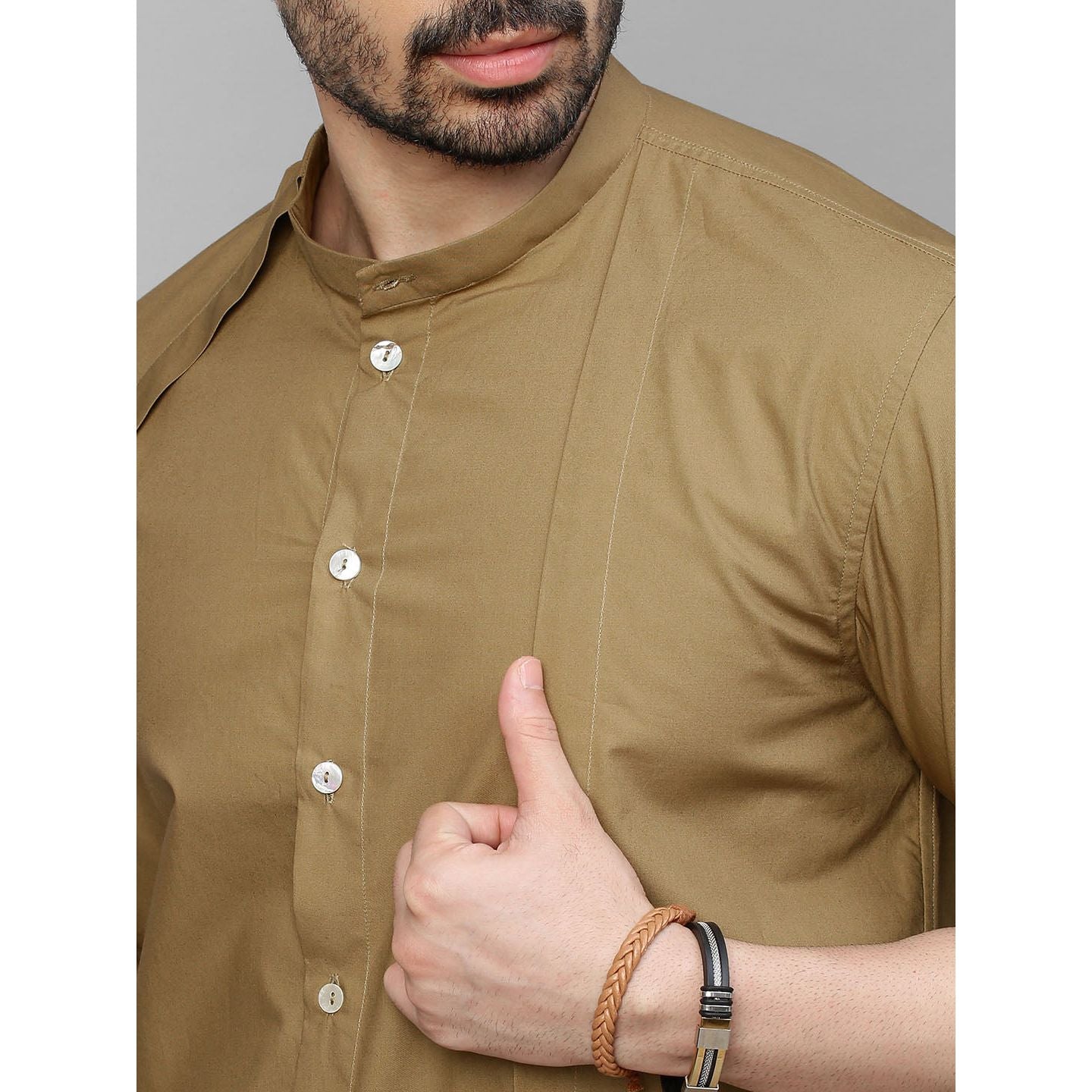Khaki shirt with mandarin collar