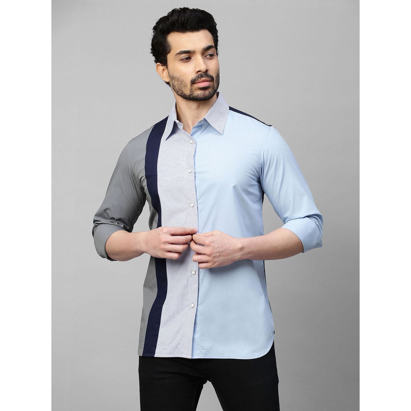 Light blue shirt with multicolor panel on one side