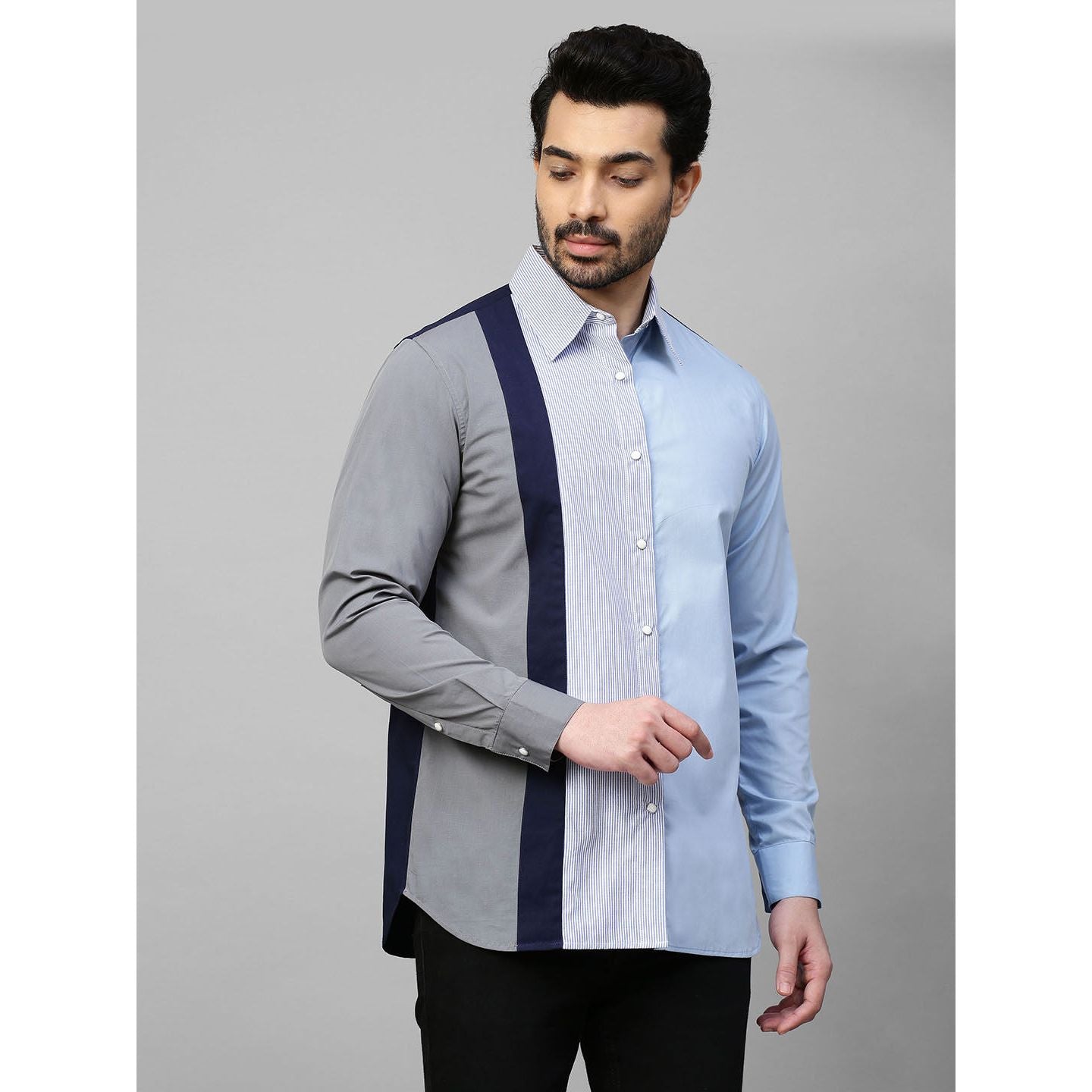 Light blue shirt with multicolor panel on one side