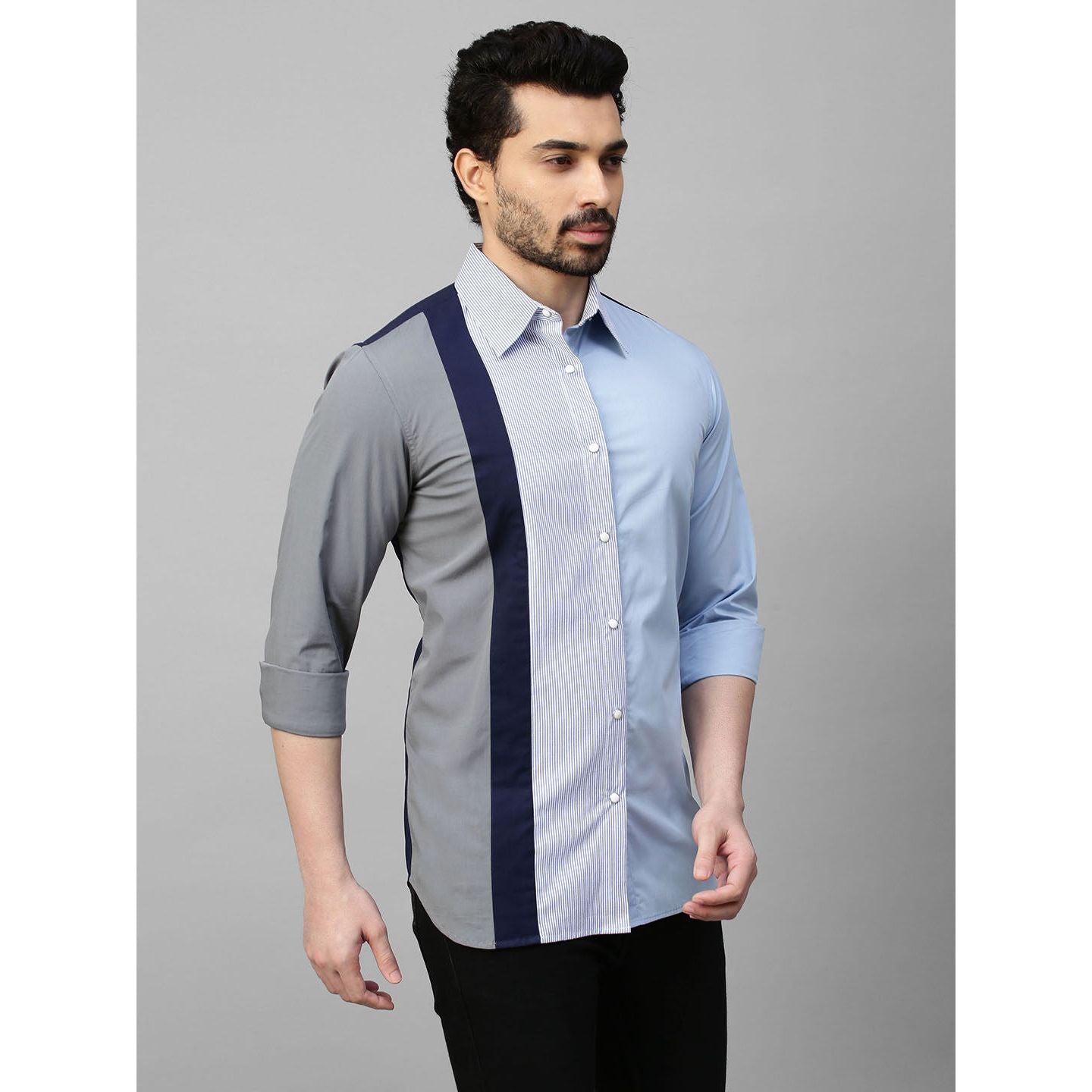Light blue shirt with multicolor panel on one side