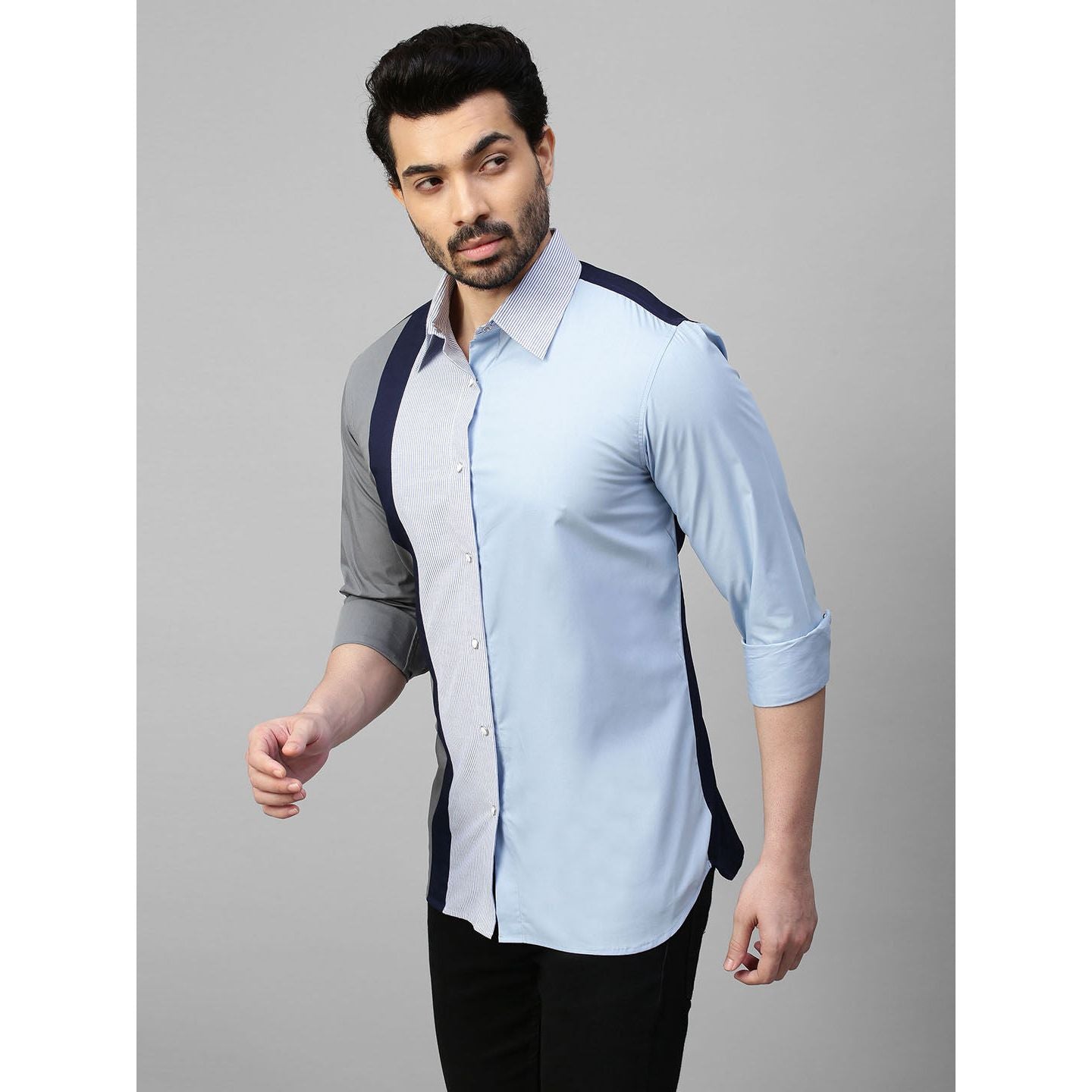Light blue shirt with multicolor panel on one side