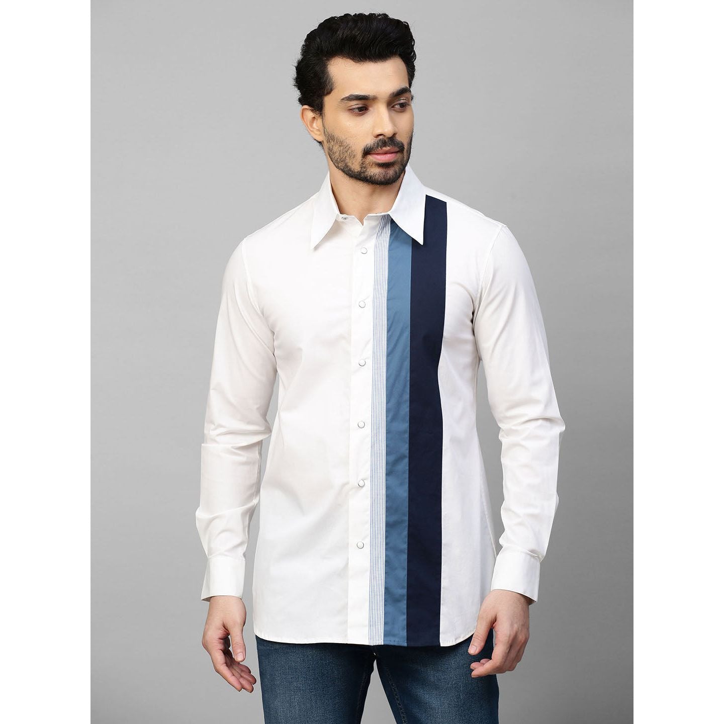 White shirt with shades of blue vertical panel