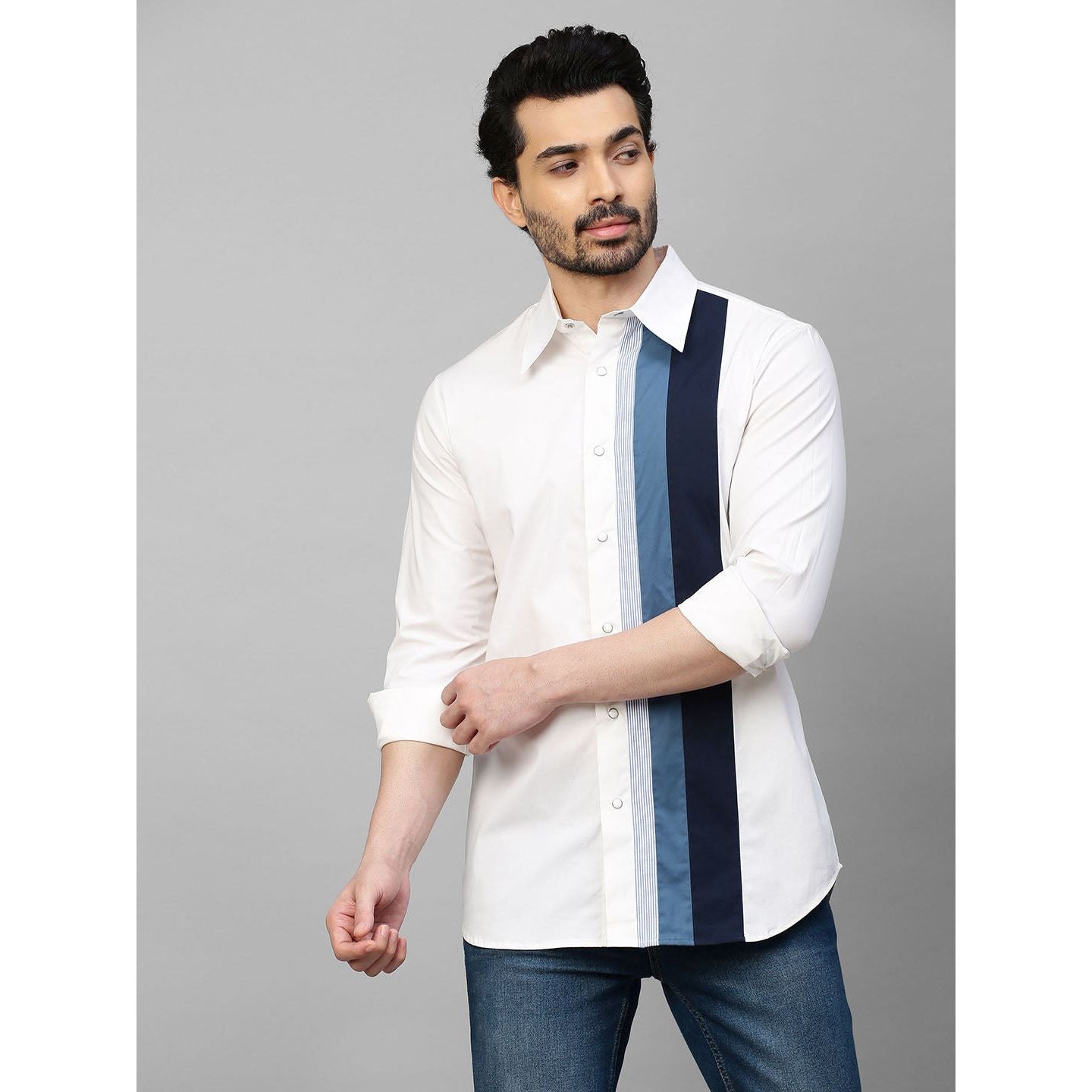 White shirt with shades of blue vertical panel