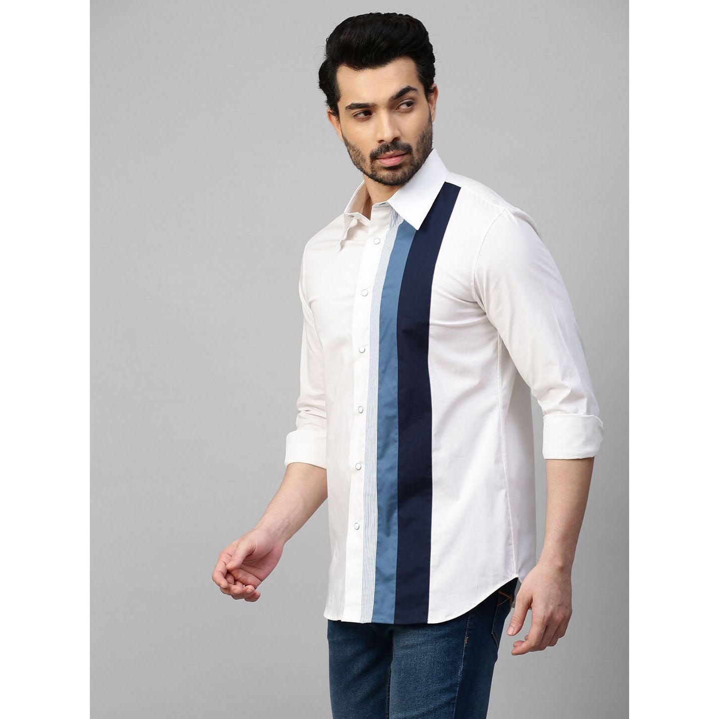 White shirt with shades of blue vertical panel