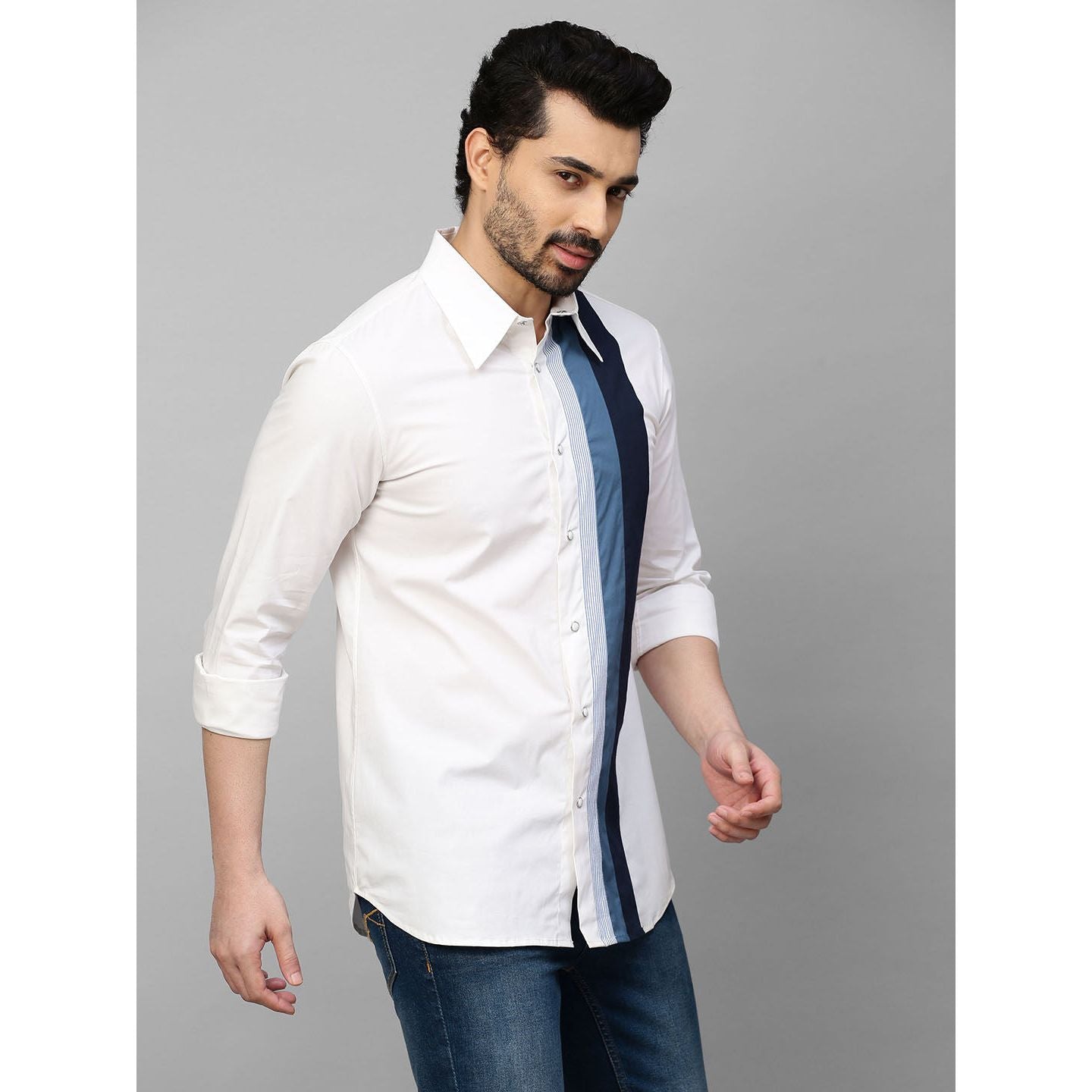 White shirt with shades of blue vertical panel