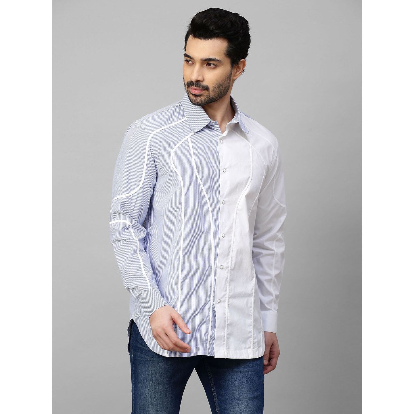 White and blue stripe shirt with contrast wave piping details.