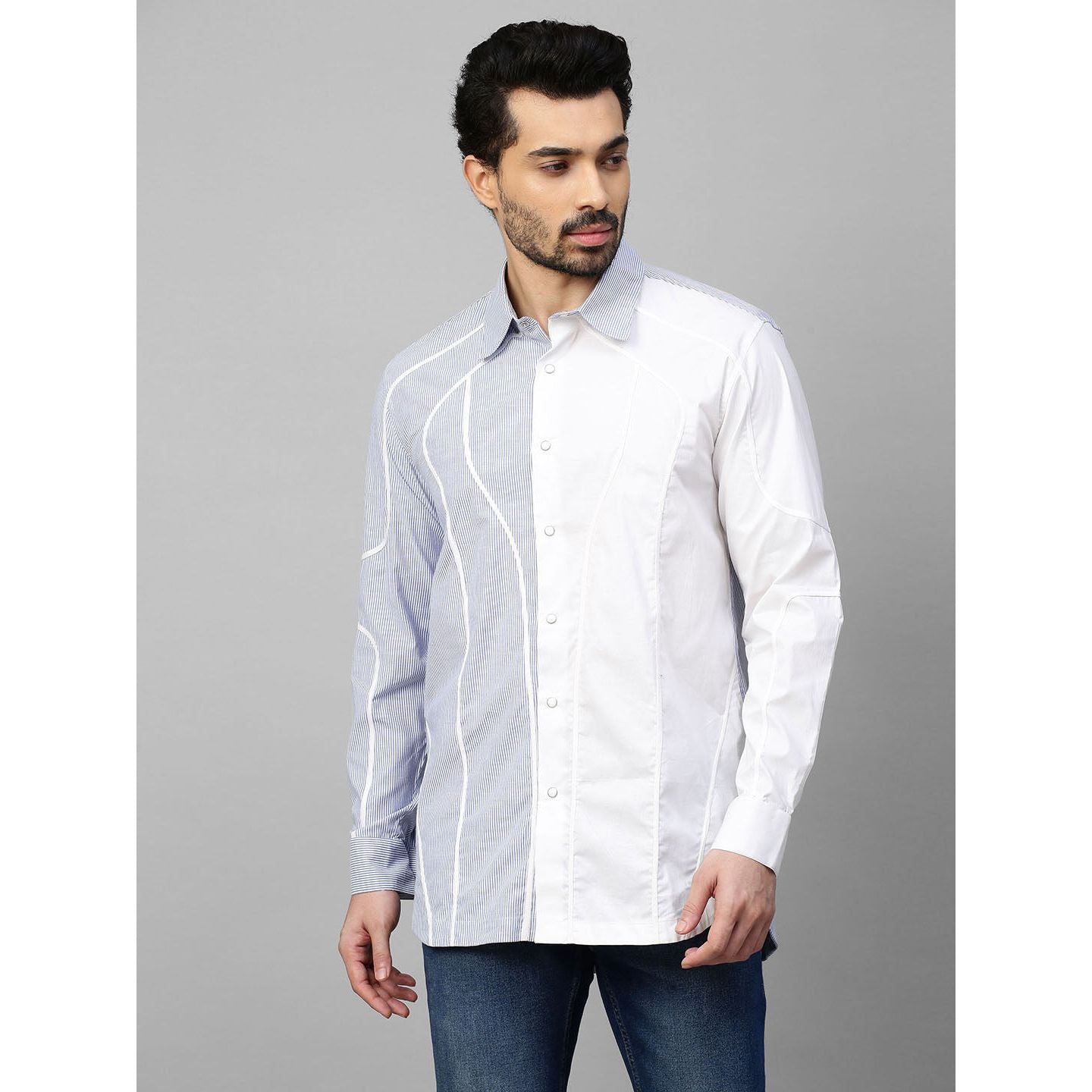 White and blue stripe shirt with contrast wave piping details.