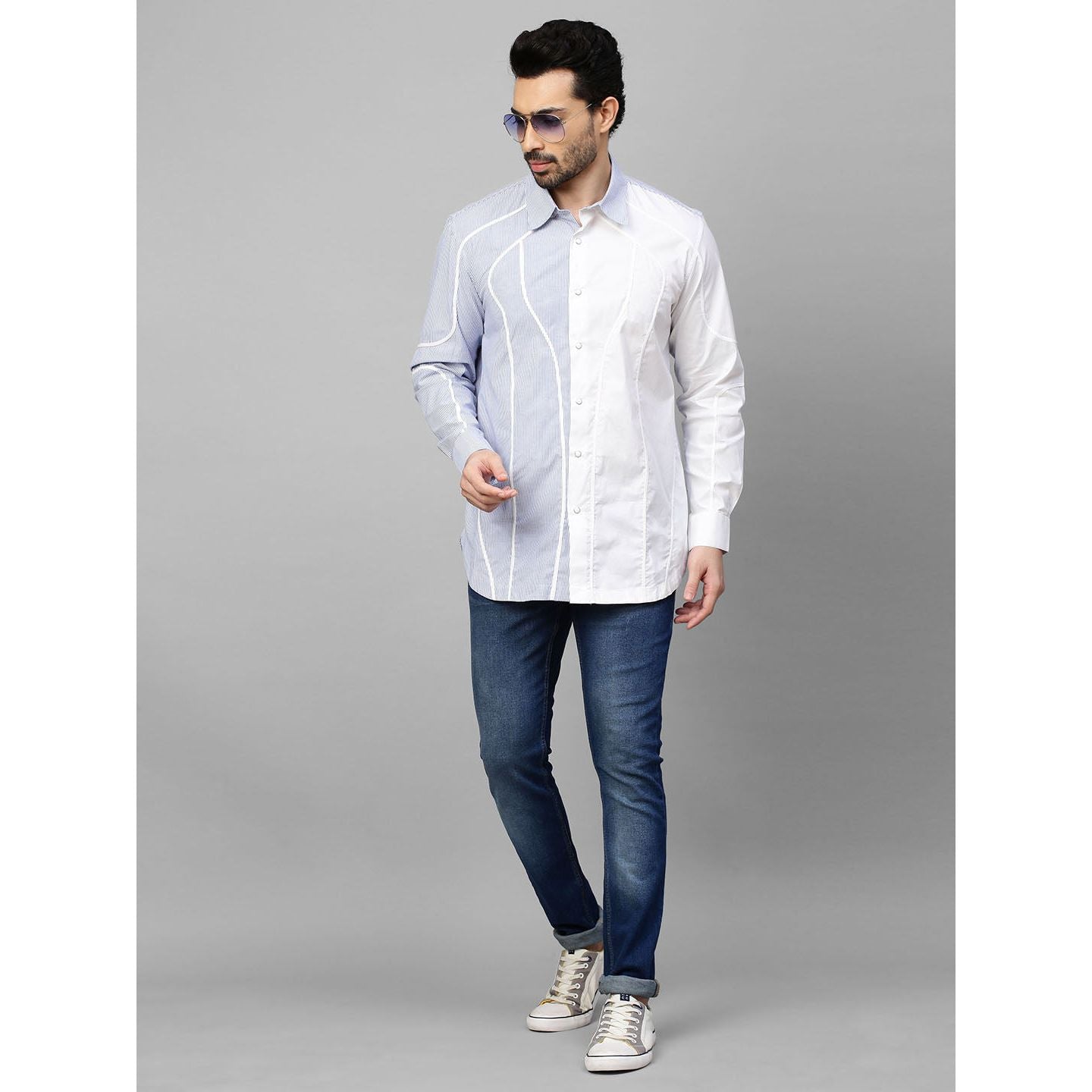 White and blue stripe shirt with contrast wave piping details.