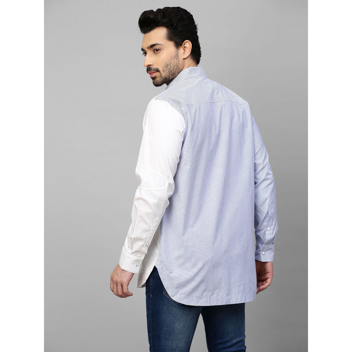 White and blue stripe shirt with contrast wave piping details.