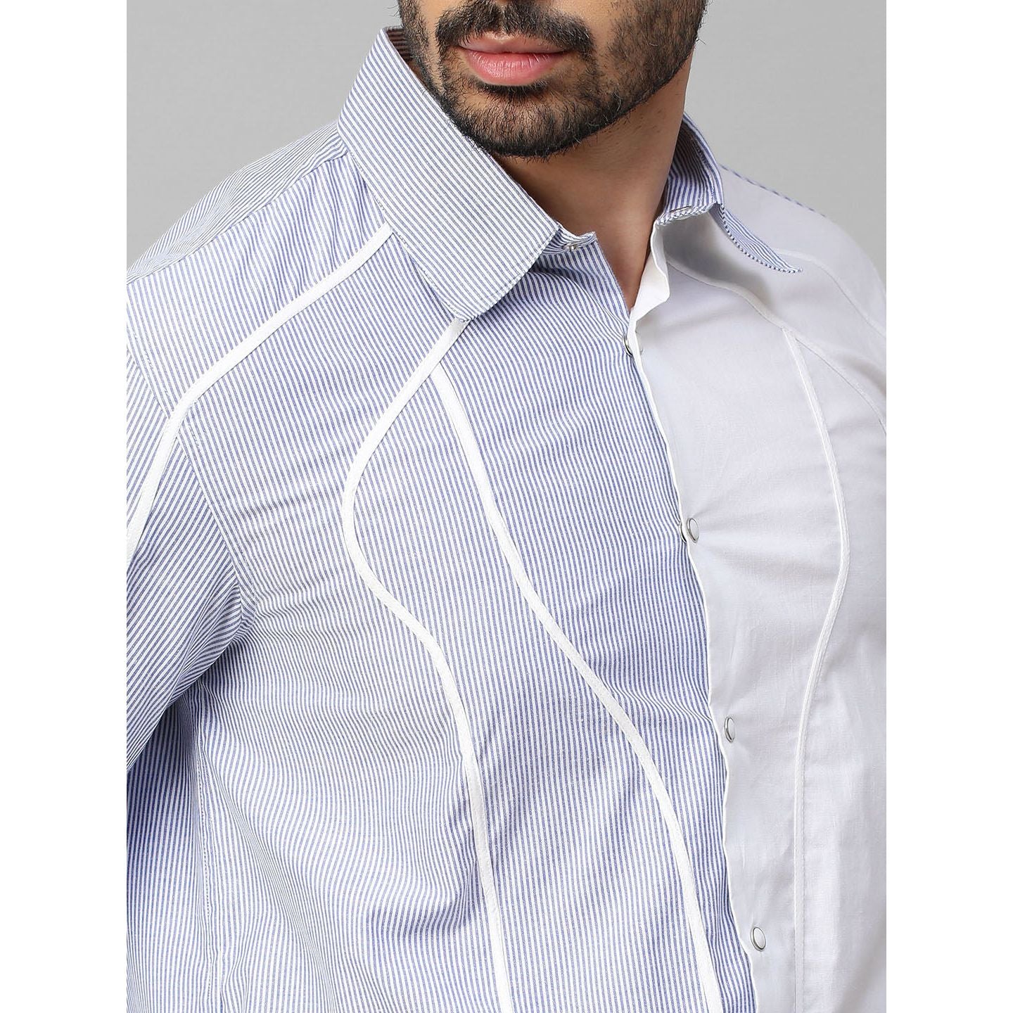 White and blue stripe shirt with contrast wave piping details.