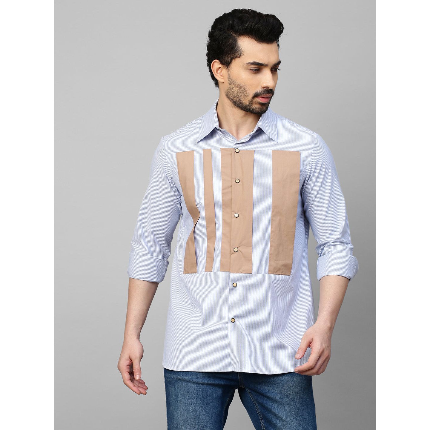 Blue striped and khaki shirt