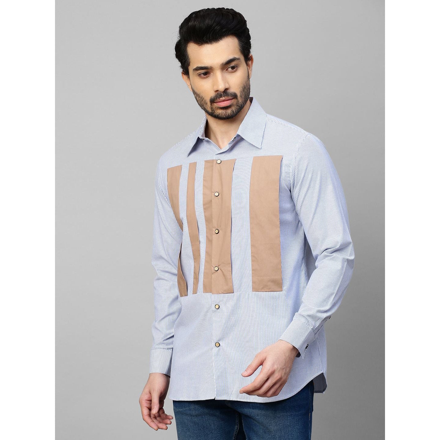 Blue striped and khaki shirt