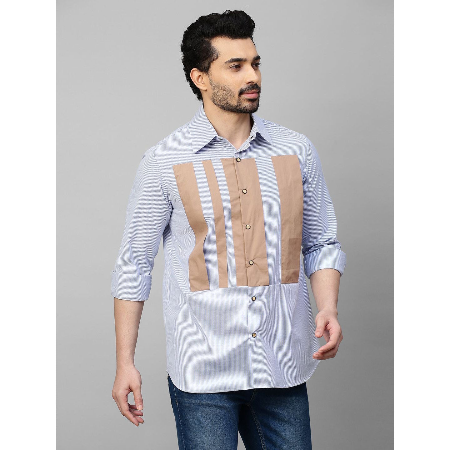 Blue striped and khaki shirt