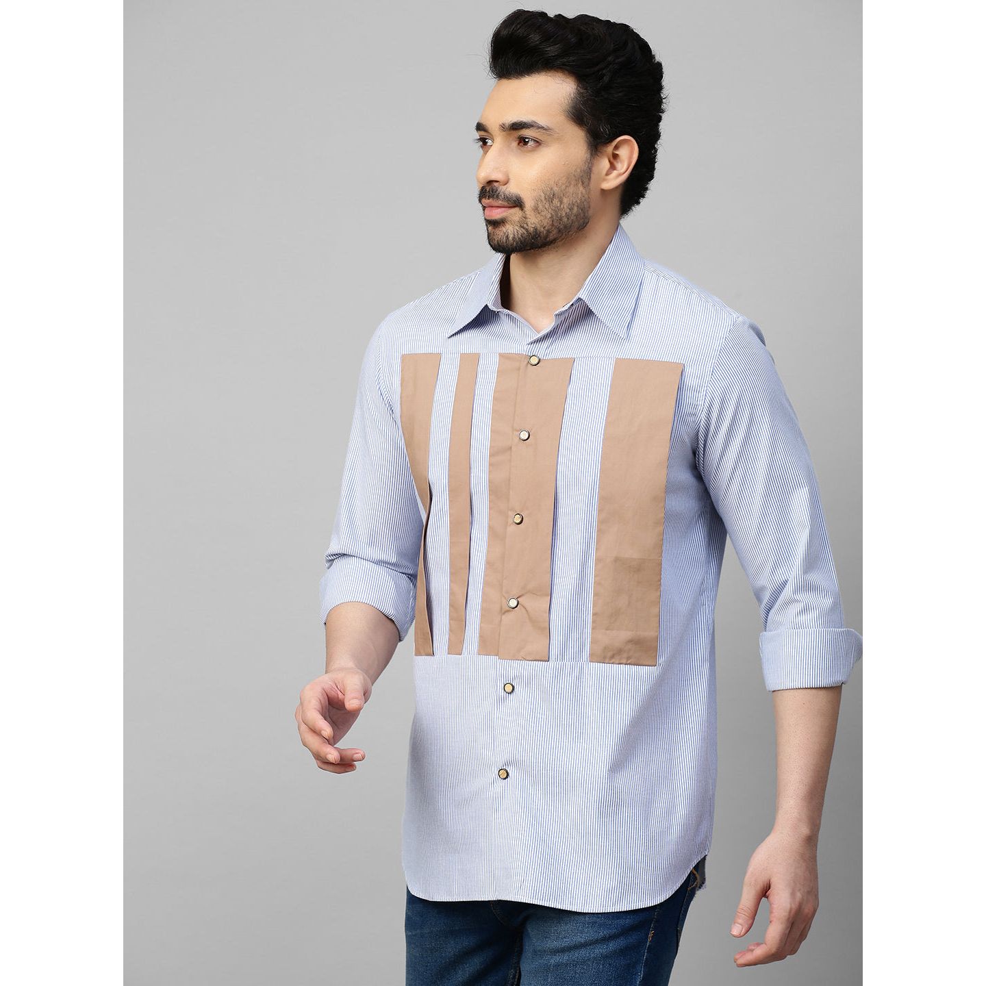 Blue striped and khaki shirt