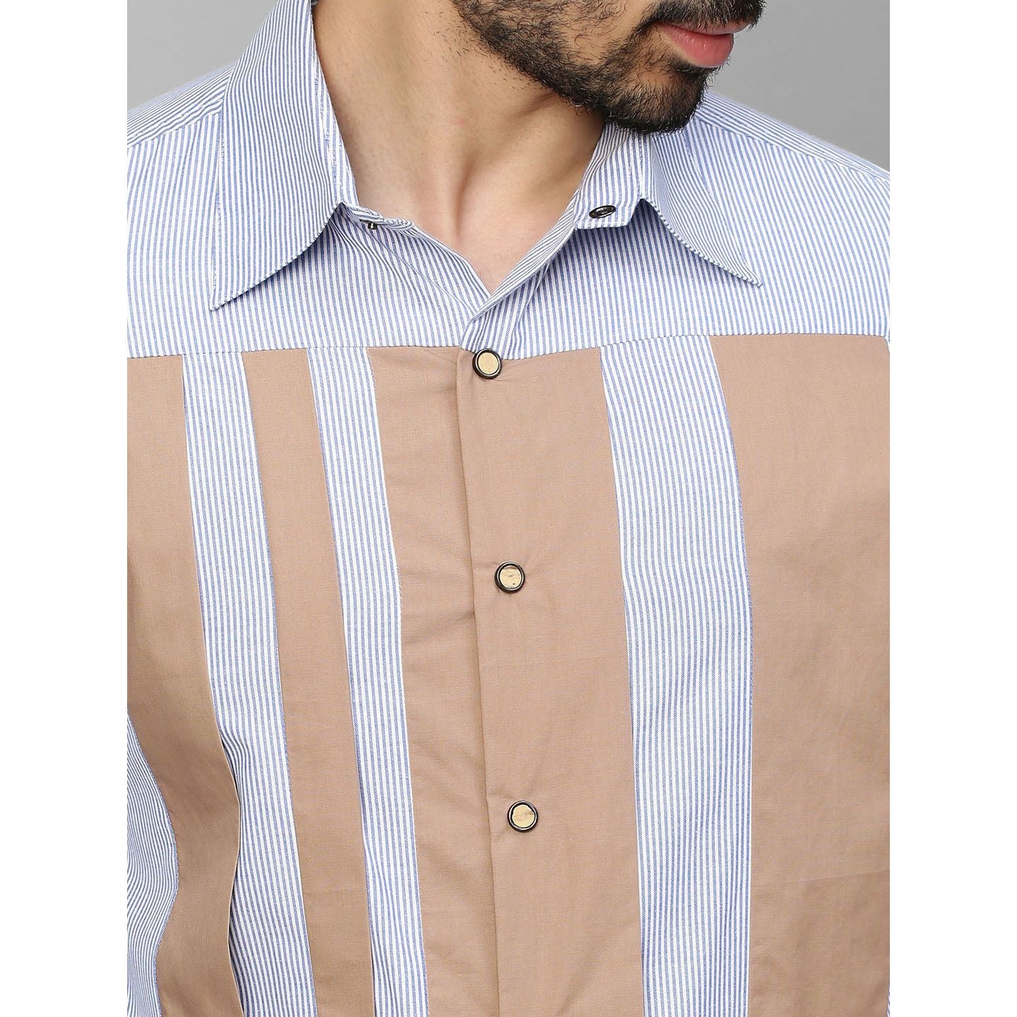 Blue striped and khaki shirt