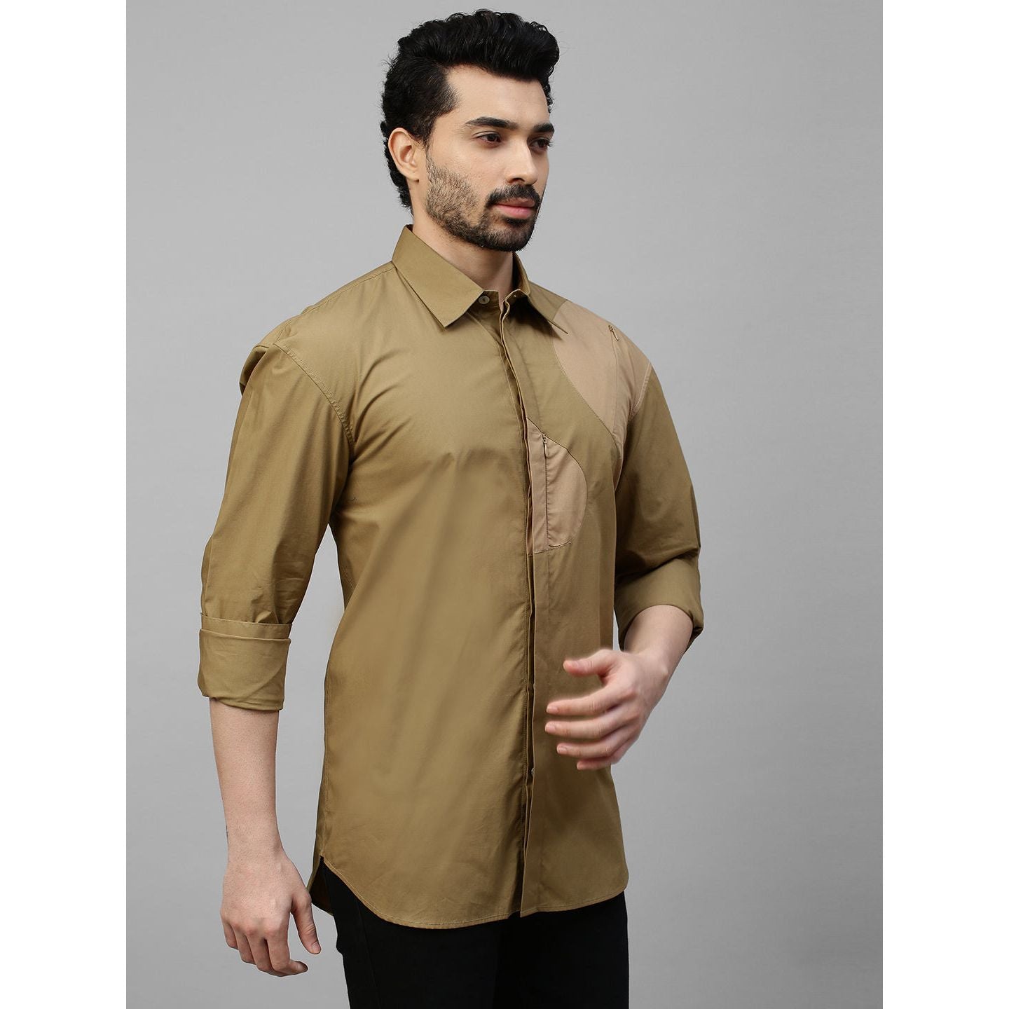 Shades khaki patch work shirt and concealed zipper feature.