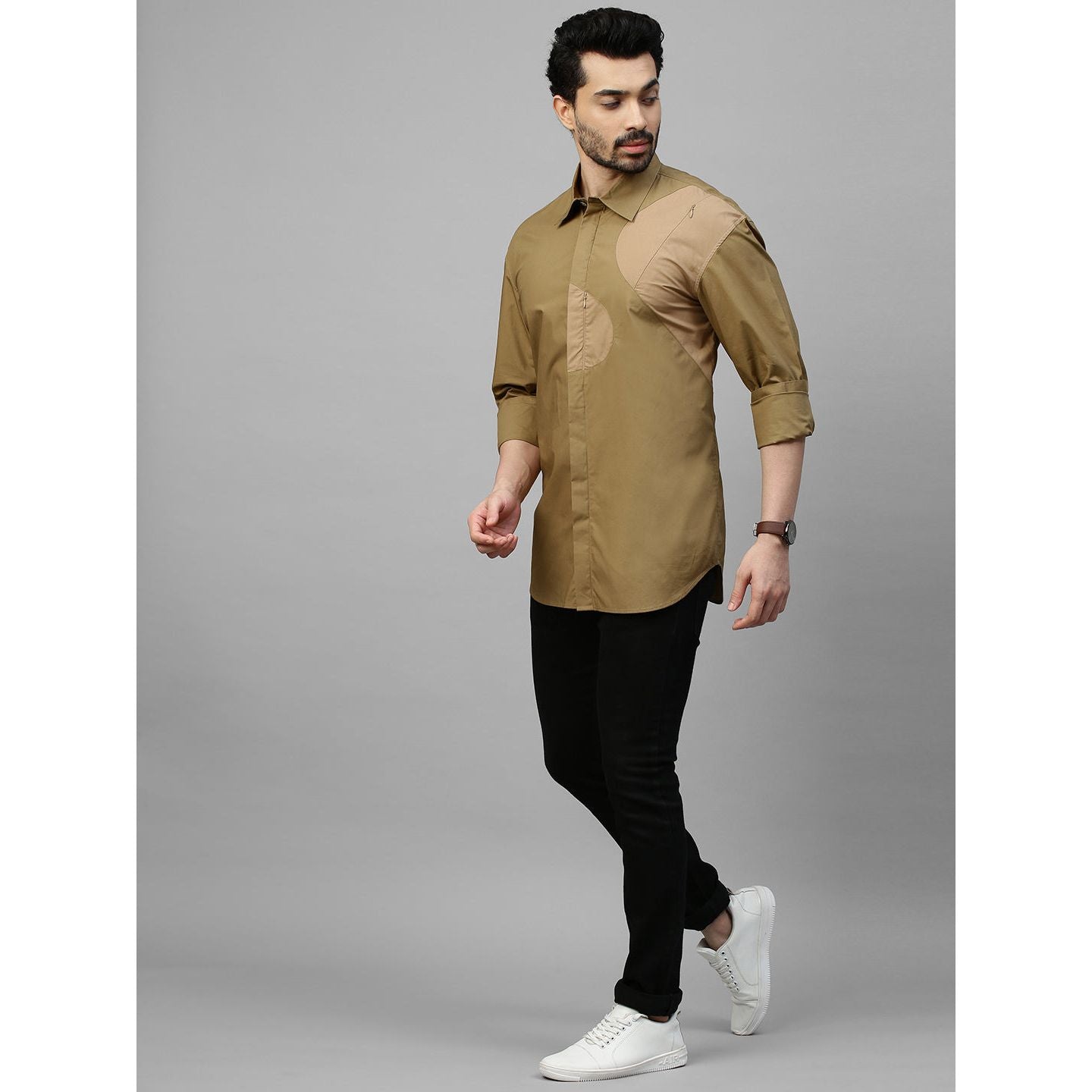 Shades khaki patch work shirt and concealed zipper feature.