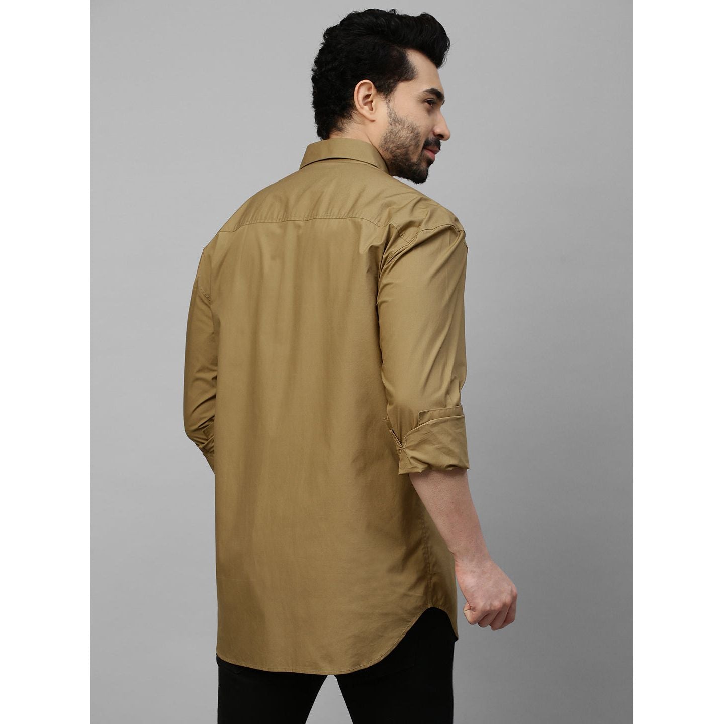 Shades khaki patch work shirt and concealed zipper feature.
