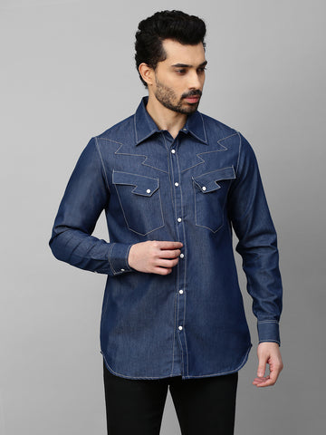 Denim shirt with contrast stitching feature.