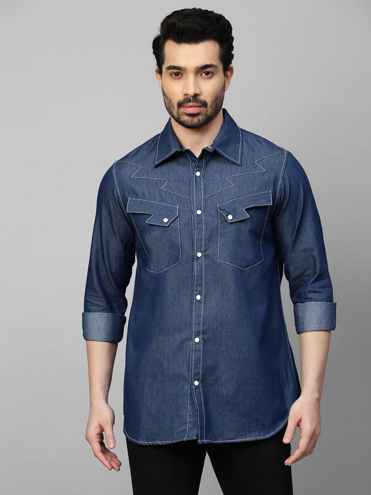 Denim shirt with contrast stitching feature.