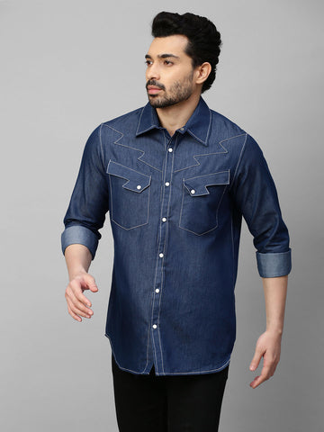 Denim shirt with contrast stitching feature.