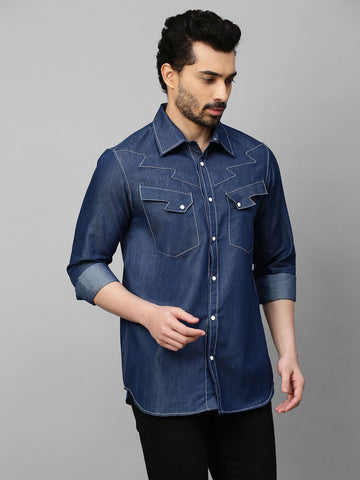 Denim shirt with contrast stitching feature.