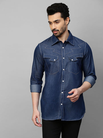 Denim shirt with contrast stitching feature.