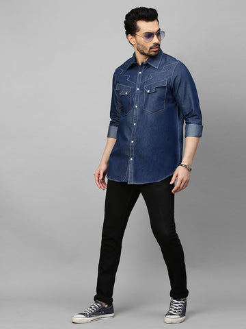 Denim shirt with contrast stitching feature.