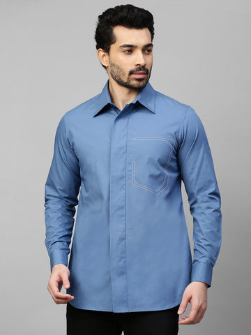 Slate blue classic shirt with white stitching pocket feature.