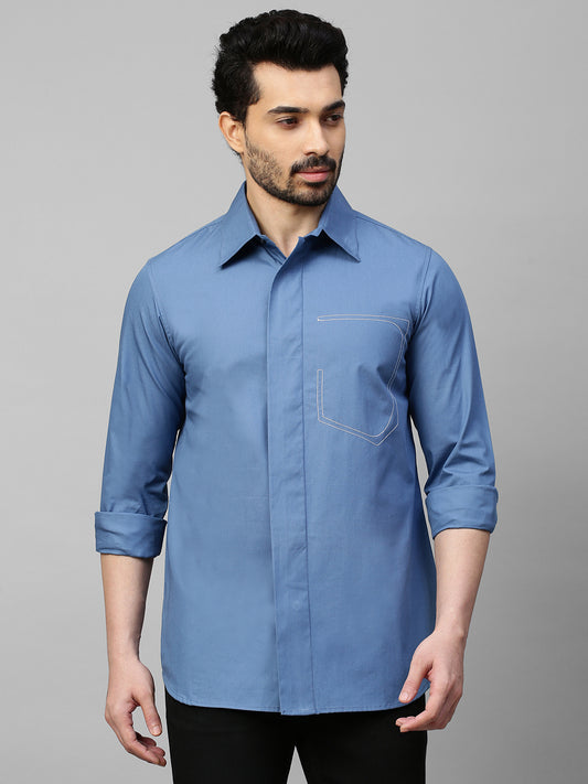 Slate blue classic shirt with white stitching pocket feature.