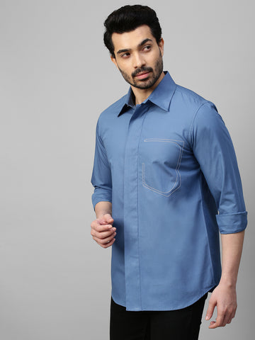 Slate blue classic shirt with white stitching pocket feature.