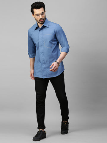 Slate blue classic shirt with white stitching pocket feature.