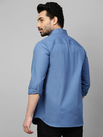 Slate blue classic shirt with white stitching pocket feature.