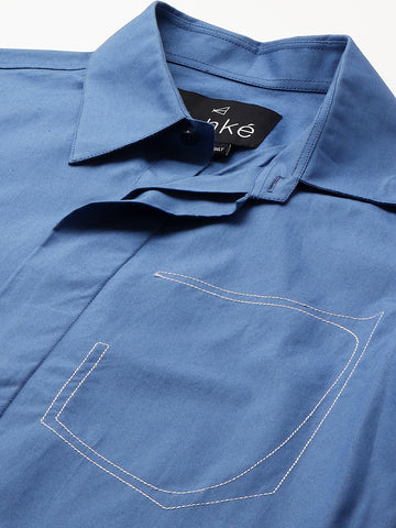 Slate blue classic shirt with white stitching pocket feature.