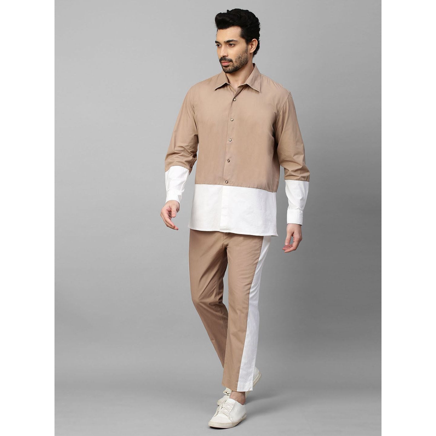 Khaki and white color block set.